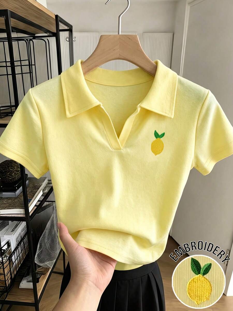 Resyla 女款外穿上衣,返校季,教師節,POLO領時尚T恤,夏季檸檬黃,收腰翻領,野餐 - 鵝黃色 - 查看 1