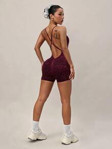 Slayform Slayform Seamless Knit Thin Cross Adjustable Strap Backless Leopard Print Women's Sports Romper Suitable For Yoga, Fitness, Weightlifting, Workout - Burgundy - View 4