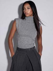 Normani ملابس علوية نسائية صيفية/ كاجوال بتصميم بسيط أساسي محتشم برقبة عالية بدون أكمام من الصوف المحبوك للمكتب باللون الرمادي الفاتح - رمادي - مشاهدة 4