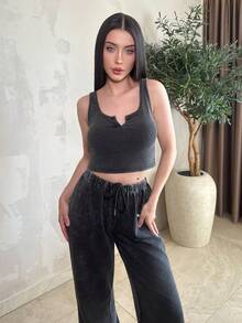 hhfernanda Women's Plus Size Summer Streetwear Vintage Going Out Casual Renaissance Fair Club Sexy Y2K Rib Knit Washed Grey Notched Collar Truncated Tank Black - Black - View 5