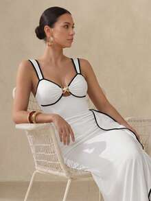 Swim Oasis Black And White Contrast Spaghetti Strap Dress, Star-Decorated Cup, Side Slit Ruffle Design, High Waist Slimming, Tropical Vacation Summer - Black and White - View 5