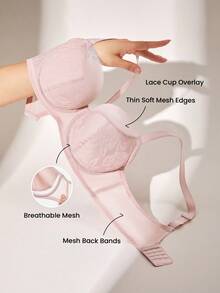 LUVLETTE Underwire Lightly Lined Pink Mesh Lace Push-Up Support Sheer Minimizer Lingerie Bra - Pink - View 9