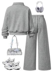 SHEIN Sparklyn 青少年女孩返校休閒校園日常字母印花運動衫 春/秋/冬 -件，加厚抓絨內裡 - 灰色 - 查看 2