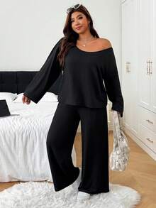 SHEIN EZwear Plus Size Women's Solid Color Round Neck Long Sleeve Top And Pants Casual Daily 2-Piece Set Fall - Black - View 6