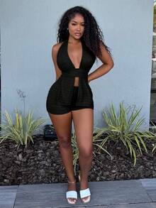 Alexandranx Women's Fashion Vacation Halter Top & Shorts 2 Pieces Set No Chest Padding Black - Black - View 6