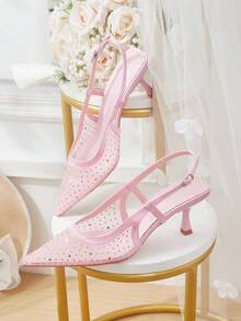 CUCCOO HITCHD Pointed Breathable Mesh Hollowed Out Fashion Temperament Versatile Sexy Fairy Wedding Banquet Pink High Heels - Pink - View 1