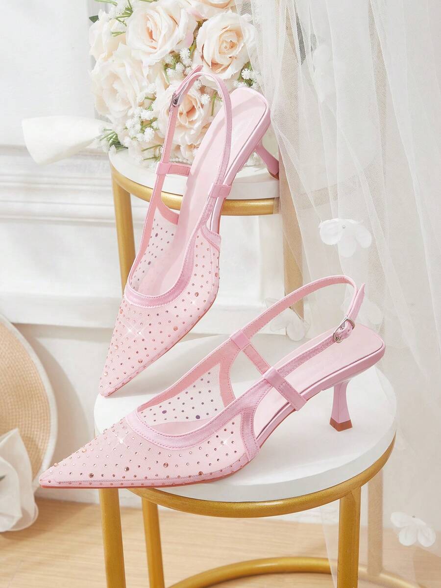 CUCCOO HITCHD Pointed Breathable Mesh Hollowed Out Fashion Temperament Versatile Sexy Fairy Wedding Banquet Pink High Heels - Pink - View 1