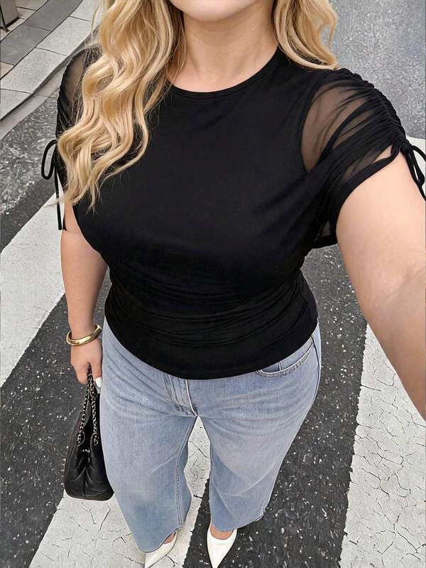 Dripcurv Plus Size Women's Contrast Mesh Drawstring Design Fashion T-Shirt Summer,Holiday Outfits, Black Top,Holiday Outfits,Elegant Women's Blouses