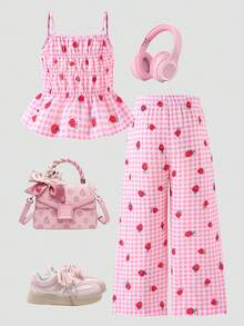 SHEIN Elladie kids 女童可爱条纹蝴蝶结印花吊带背心和阔腿裤套装，夏季 - 粉色 - 查看 2