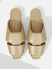 MOTF PREMIUM SANDALIAS PLANAS CASUALES SIMPLES DE CUERO DORADO CON PUNTA REDONDA PARA MUJERES - Dorado - Ver 1
