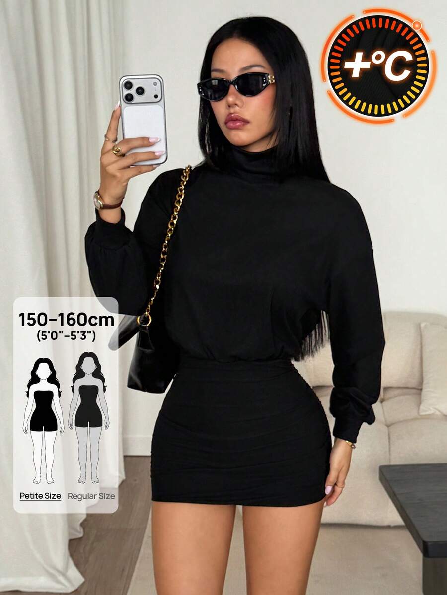 SHEIN PETITE High Neck Drop Shoulder Pleated Bodycon Dress - Black - View 1