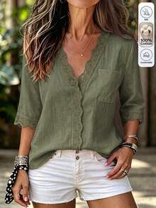 Zayélia Women's Woven Casual V-Neck Beachwear Daily Summer Shirt - Army Green - View 1