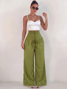 Sirith Women's Solid Color High Waist Eyelet Lace-Up Wide Leg Long Pants - Army Green - View 5