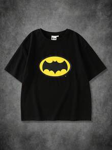 BATMAN X SHEIN 少女圆领宽松休闲短袖T恤 - 黑色 - 查看 1
