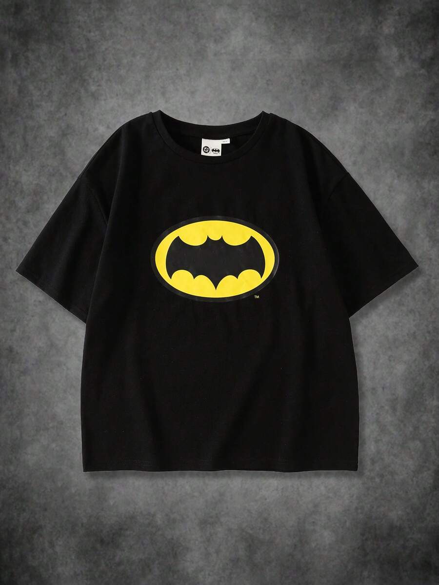 BATMAN X SHEIN 少女圆领宽松休闲短袖T恤 - 黑色 - 查看 1