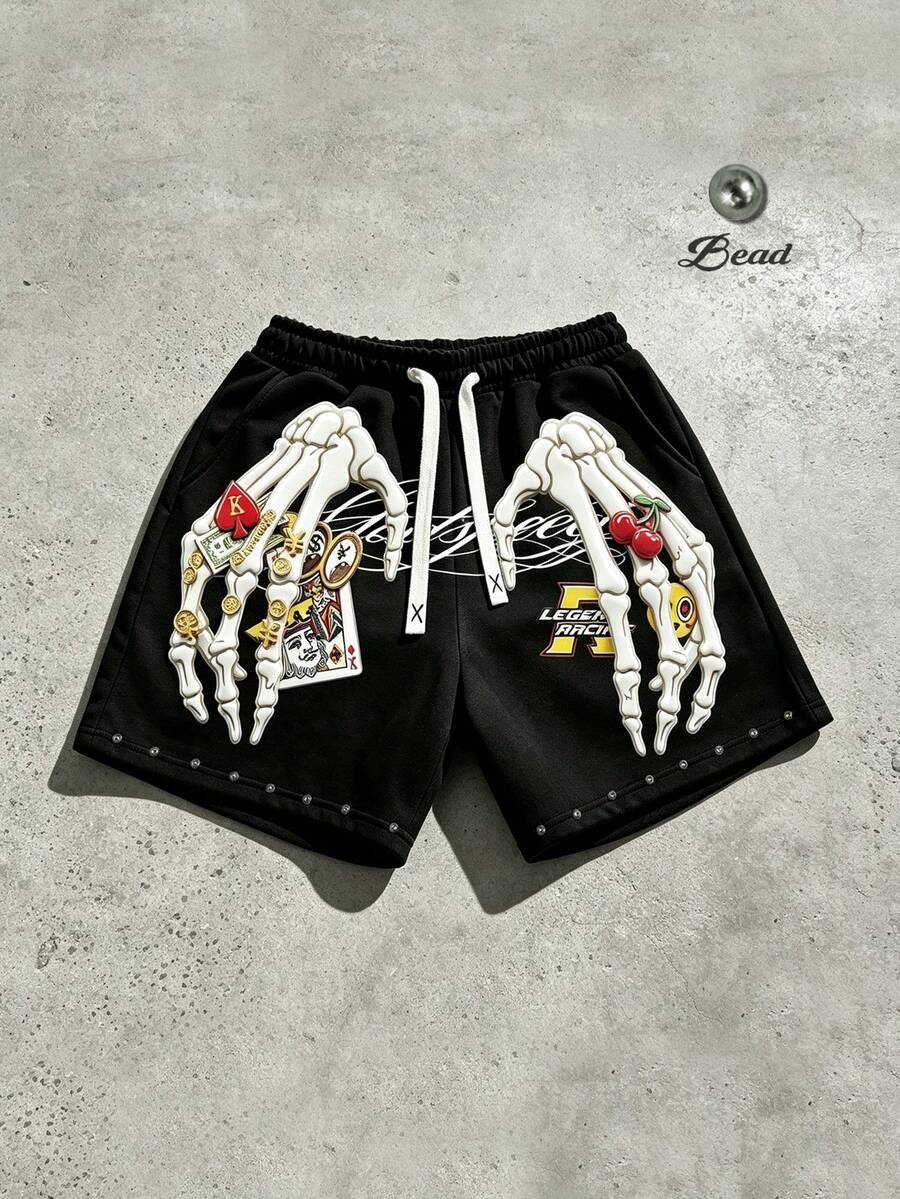 ROMWE MEN Street Life 2026夏季新款男士骷髏手掌圖案短褲,休閒時尚龐克街頭風,復古耐穿,適合度假與日常穿著 - 彩色 - 查看 1