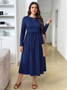 SHEIN LUNE Plus Size Polka Dot Cinched Waist Casual Dress Fall - Navy Blue - View 8