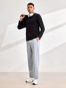 Driftmere Men's Simple Fashionable Ribbed Texture Pullover Long Sleeve Tee, For Fall - Black - View 7