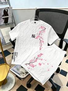 Manfinity Joysei 男士花卉圖案圓領短袖T恤與短褲休閒日常套裝 - 白色 - 查看 3