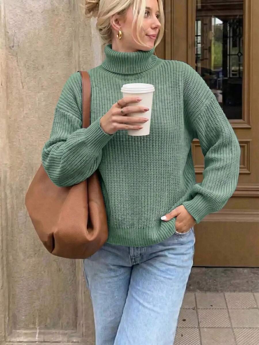 SHEIN Cottnline Women's Solid High Neck Dropped Shoulder Loose Casual Sweater, Autumn/Winter,Long Sleeve Tops, Knit Pullover Fall - Olive Green - View 1