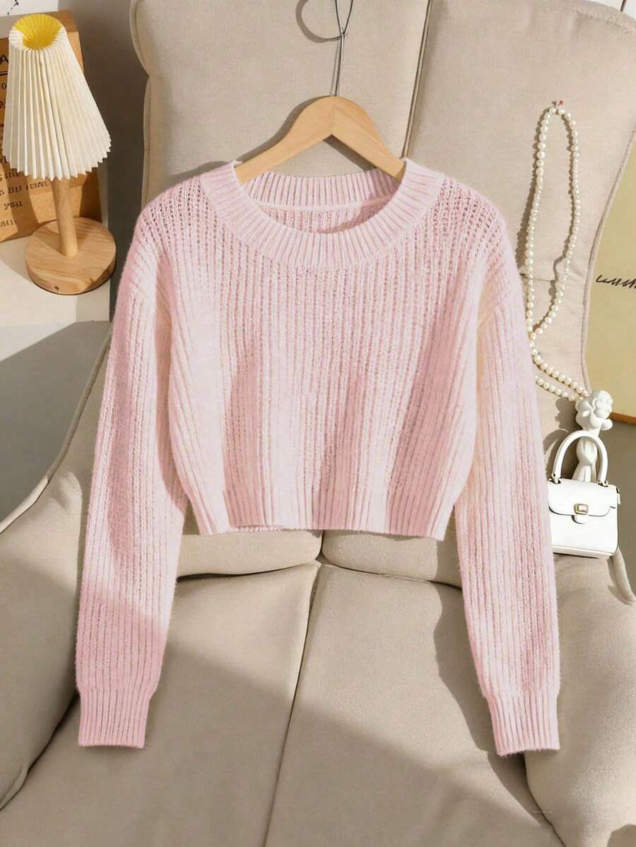 SHEIN Genkimix Kids 青少年女孩純色圓領長袖休閒毛衣 - 粉色 - 查看 1