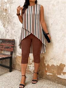 EMERY ROSE Color Block Striped Print Criss-Cross Sleeveless Top Leggings 2pcs Set, Plus Size, Spring/Summer Vacationbeige Chocolate Brown Vacation Outfits Women - Multicolor - View 3