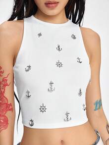 ROMWE Grunge Punk Y2K Punk Metal Cross Decor Fitted Cropped Women Tank Top - White - View 4