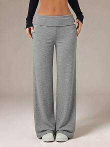 SHEIN PETITE Dark Grey High Waist Wide Leg Loose Casual Sporty Pants Lounge Summer - Dark Grey - View 3