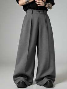 STYNVO Pantalones de pierna ancha de unicolor versátiles para el trayecto diario de moda para hombres - Gris Oscuro - Ver 3