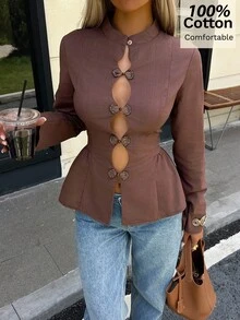 Siren Gaze Women's Cotton Mandarin-Collar Shirt With Frog Closures – Cut-Out Detail, Fitted Waist, And Ruffled Hem; Elegant & Versatile (Coffee Brown) - Brown - View 3