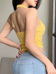 DAZY 夏季紋理蕾絲修身黃色性感細肩帶露背背心上衣，適合女性，婚禮派對 - 黃色 - 查看 4