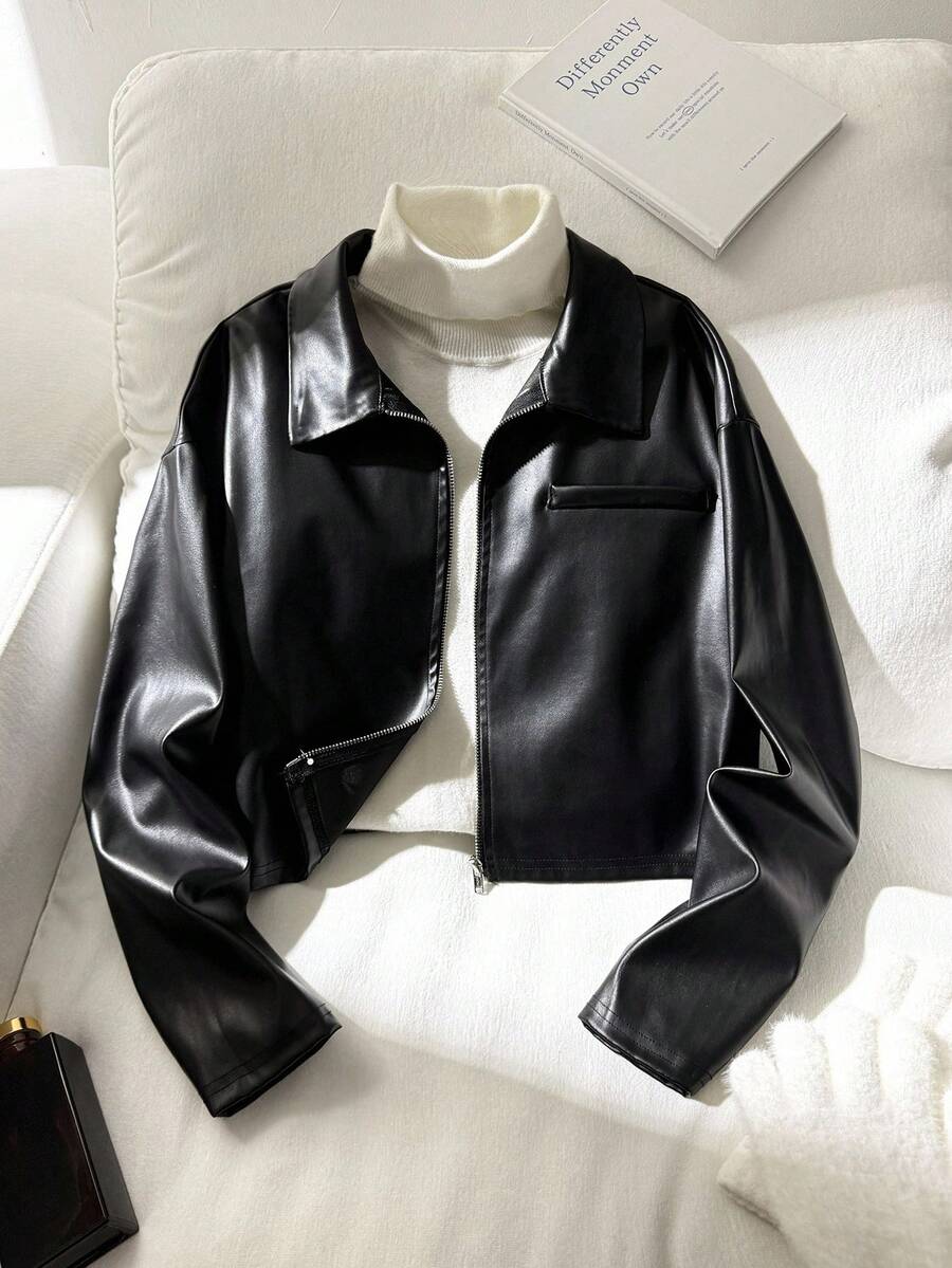 SHEIN 少女純色PU皮革拉鍊時尚百搭日常旅行夾克 - 彩色 - 查看 1