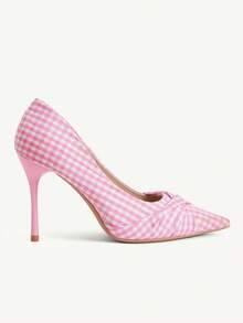 CUCCOO CHICEST 女款時尚優雅粉色格紋緞面尖頭高跟鞋 - 格子粉 - 查看 3