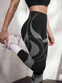 Solea Cove Solea Cove 女款抽象圖案高腰修身休閒運動緊身褲 夏季 - 黑與白 - 查看 2