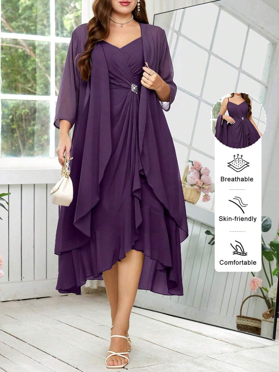 Reflora Plus Size Elegant Party Formal Wedding Formal Guest Solid Color Jacket With Ruffle Trim Spaghetti Strap Wrap Dress 2-Piece Set Dark Purple Autumn Fall - Purple - View 1
