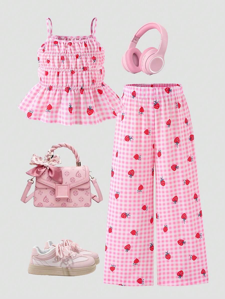 SHEIN Elladie kids Bộ áo hai dây và quần ống rộng kẻ sọc dễ thương cho bé gái, thích hợp cho mùa hè. - Hồng - Xem 1