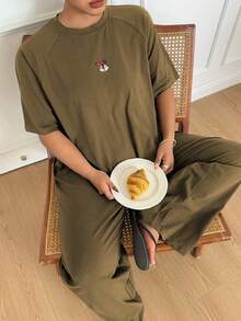 Dazy Plus Minimalist Cute Cartoon Print Raglan Sleeve Loose Fit Loungewear Plus Size Women's Pajama Set Spring Summer - Army Green - View 6
