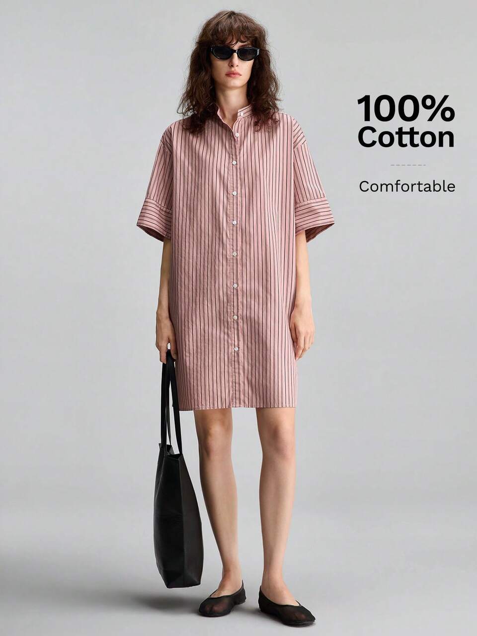 Women's Comfortable Pink Stripe Short-Sleeved Shirt Dress Summer Bohemian Style Casual Vacation Outfits Seaside Modern Urban Brunch