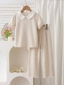 Elladie kids 女童蕾絲拼接彼得潘領條紋短袖上衣搭配同款長褲，可愛甜美風，簡約時尚百搭舒適，適合外出、購物、旅行、散步，秋季開學季新款女童短袖兩件套 - 卡其色 - 查看 3