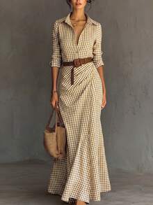 SHEIN Holidaya Spring/Autumn Plaid Cinched Waist Extra Long Pleated Dress, Bohemian Style Fashion Autumn/Winter Dress - Yellow - View 4
