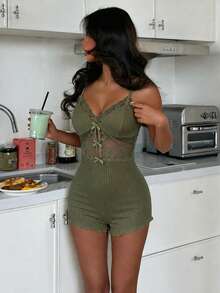 ZzzCrew Women's Casual Sexy Lace Camisole With Bow Knot Summer Pajama Romper - Green - View 6