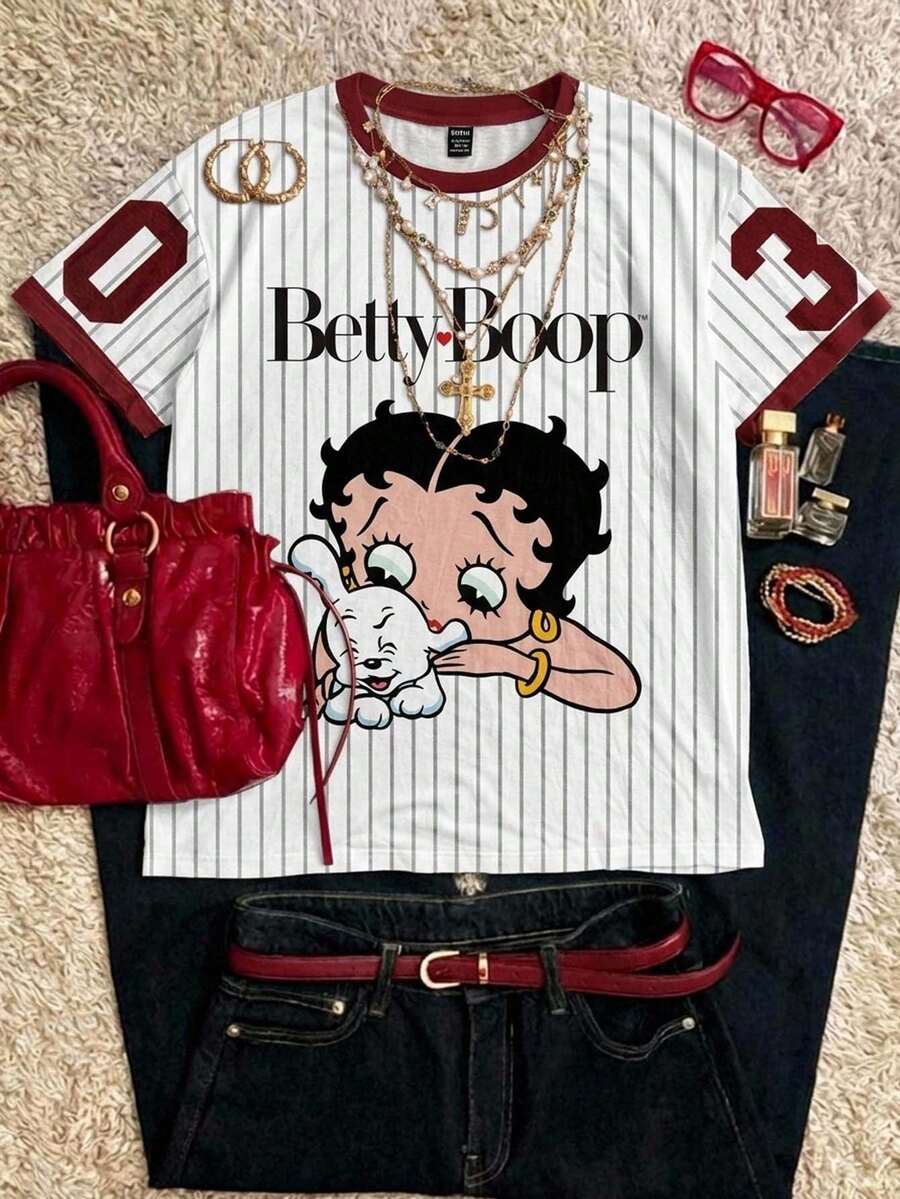 Attitoon Betty Boop x SHEIN Camiseta holgada de manga corta con cuello redondo, estampado de rayas y letras en inglés de la Copa Mundial, en estilo minimalista casual y chic Y2K, para mujer - Multicolor - Ver 1