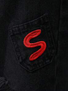 Slaydiva 高腰寬鬆不對稱腰頭刺繡磨損大尺碼牛仔褲 - 黑色 - 查看 4