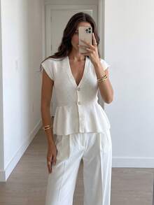 Privoire Cardigan de punto de manga corta con cuello en V estilo francés chic para mujer - Blanco - Ver 4