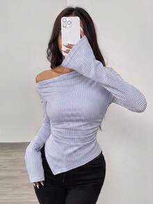 SHEIN 露肩不對稱領口收腰不對稱下擺針織T恤 - 藍白色 - 查看 5