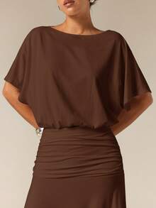 COSMINA Women's Vintage Solid Color Pleated Elegant Mermaid Hem Dress - Brown - View 6