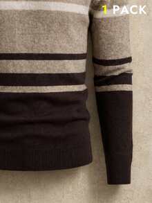 AKNOTIC Men's Contrast Color Striped Long Sleeve Crew Neck Sweater, For Spring - Coffee Brown - View 5