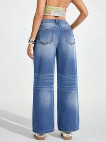 Jeanoix Women's Rivet Design Pocket Wide Leg Loose Casual Street Streetwear Denim Jeans Going Out Everyday Travel Night Out Light Blue Fall - Blue - View 2
