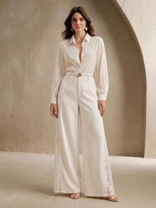 Anewsta Elegant White Wide-Leg Pants With Contrast Lace And Pleats, Suitable For Daily Wear Brunch Tea Party And Dates Autumn - Apricot - View 3