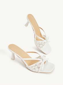 CUCCOO CHICEST French Lace Embroidered Bow Square Toe High Heel Sandals White Pedal Women's Summer Outerwear - White - View 4